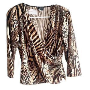 Vintage Y2K MSK Petite Women’s M Tiger Blouse V-Neck 3/4 Sleeve Animal Print
